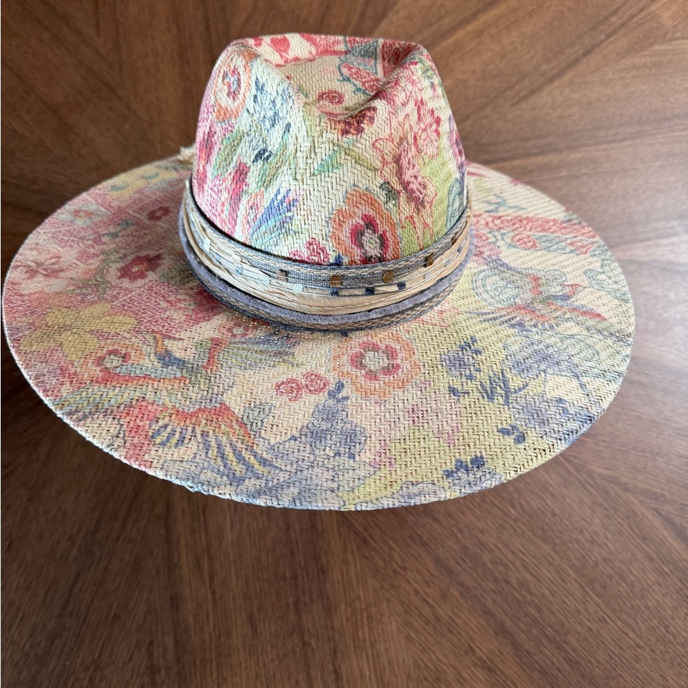 Johnny Was Floral Wide-Brim Straw Fedora Hat - Pink, Blue, Yellow